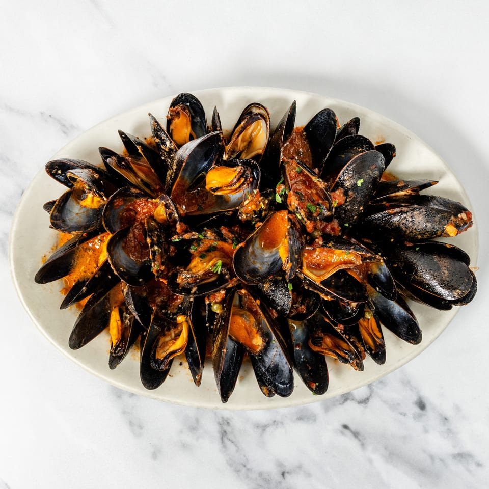 Steamed mussels in a rich red tomato sauce, garnished with fresh herbs, served on a white platter.